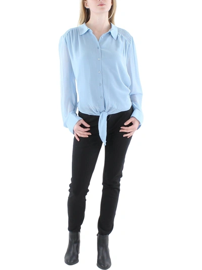 Calvin Klein Womens Tie Hem Smocked Shoulders Blouse In Blue
