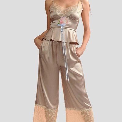 Cynthia Rowley Lace Trim Silk Pant In Brown