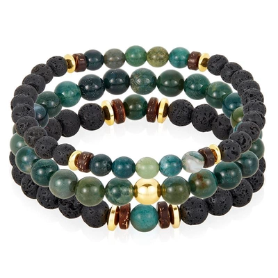 Crucible Jewelry Crucible Los Angeles 3 Pack Moss Agate, Lava, Wood And Gold Hematite Bead Stretch Bracelets In Black