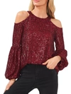 CECE WOMENS SEQUINED COLD SHOULDER BLOUSE