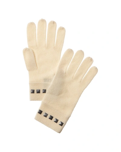 Forte Cashmere Square Metallic Studded Trim Cashmere Gloves In White