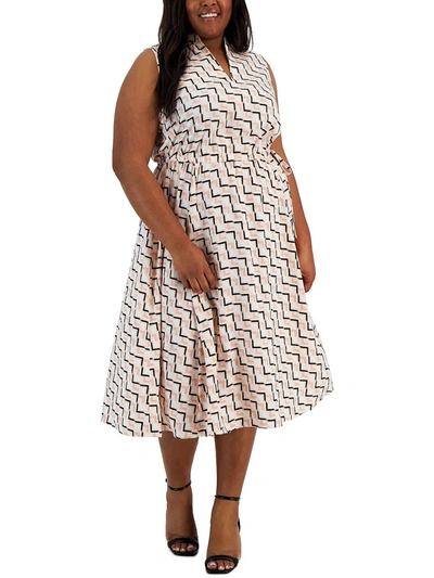 Anne Klein Plus Womens Sheer Geometric Print Midi Dress In Beige