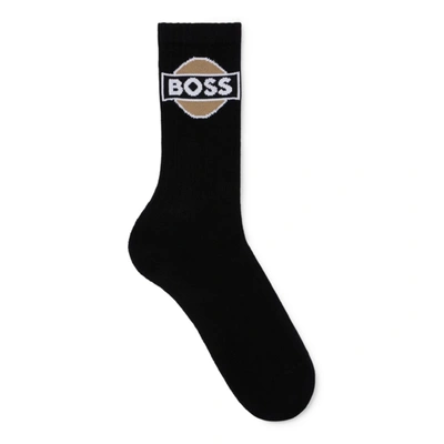 Hugo Boss Ribbed Organic-cotton-blend Short Socks With Badge Logo In Black