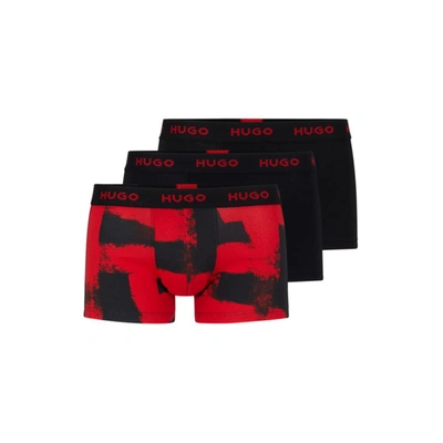 Hugo Triple-pack Of Stretch-cotton Trunks With Logo Waistbands In Red