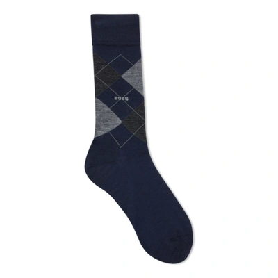 Hugo Boss Regular-length Wool-blend Sock With Argyle Pattern In Dark Blue