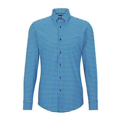 Hugo Boss Slim-fit Shirt In Geometric-print Performance-stretch Fabric In Blue