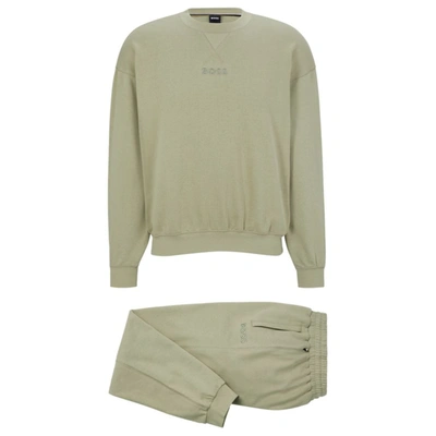 Hugo Boss Suede-look Pajamas In Organic Cotton With Embroidered Logos In Light Green