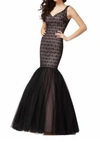 Colette By Mon Cheri Lace And Tulle Mermaid Gown In Black/blush In Multi