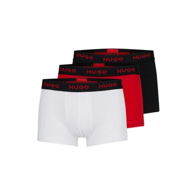 Hugo Three-pack Of Logo-waistband Trunks In Stretch Cotton In Red