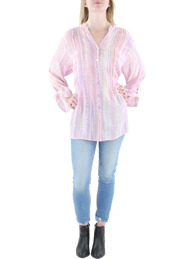 Ruby Rd. Plus Womens Banded Collar Silky Gauze Tunic Top In Pink