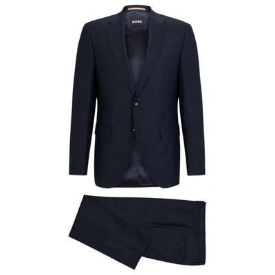 Hugo Boss Regular-fit Suit In Checked Virgin Wool In Dark Blue