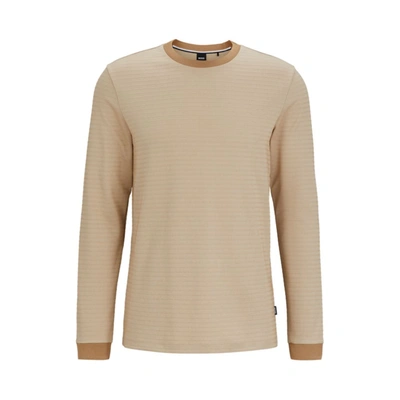Hugo Boss Long-sleeved Cotton-blend T-shirt With Ottoman Structure In Beige