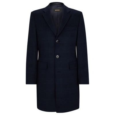 Hugo Boss Slim-fit Coat In Checked Virgin Wool And Cashmere In Dark Blue