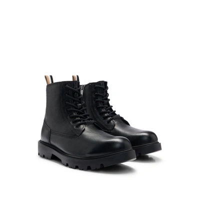 Hugo Boss Lace-up Half Boots In Grained Leather With Zip In Dark Brown
