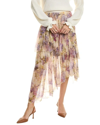 Zimmermann Floral Asymmetric Ruffle Silk Georgette Skirt In Purple