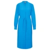 Hugo Boss Belted Shirt Dress With Collarless Styling And Button Cuffs In Blue