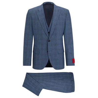 Hugo Three-piece Slim-fit Suit In Checked Stretch Fabric In Blue