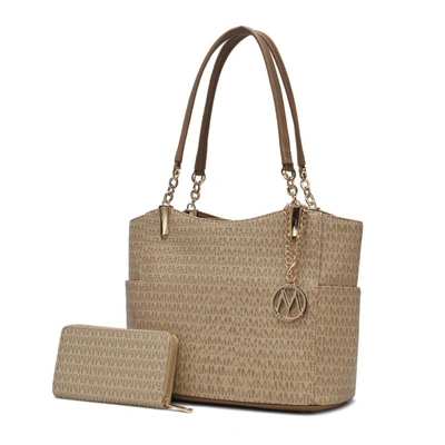 Mkf Collection By Mia K Savannah M Logo Printed Vegan Leather Women's Tote And Wristlet Wallet - 2 Pieces In Beige