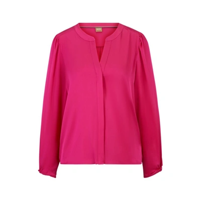 Hugo Boss Collarless Relaxed-fit Blouse In Stretch Silk In Pink