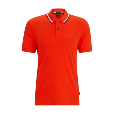 Hugo Boss Slim-fit Polo Shirt In Cotton With Striped Collar In Orange