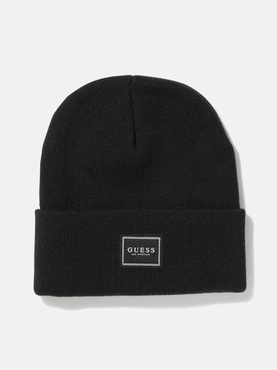 Guess Factory Rib-knit Logo Patch Beanie In Black
