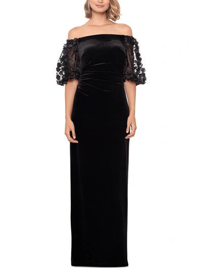 XSCAPE WOMENS VELVET OFF-THE-SHOULDER EVENING DRESS