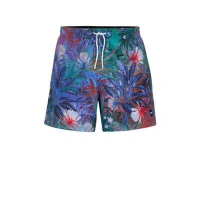 Hugo Boss Floral-print Swim Shorts With Logo Detail In Blue