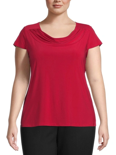 Kasper Plus Womens Cowlneck Gathered Pullover Top In Red