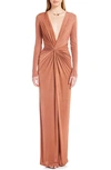 KATIE MAY IN A MOOD RUCHED CUTOUT LONG SLEEVE GOWN