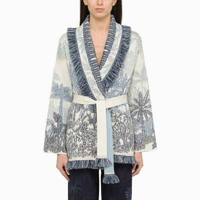 Alanui Jungle Toile De Jouy Fringe Belted Wool Cardigan In Light Blue