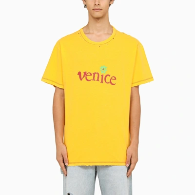 ERL ERL YELLOW CREW NECK T SHIRT WITH WEARS