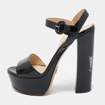 Pre-owned Prada Black Vernice Saffiano Leather Platform Ankle Strap Sandals Size 36