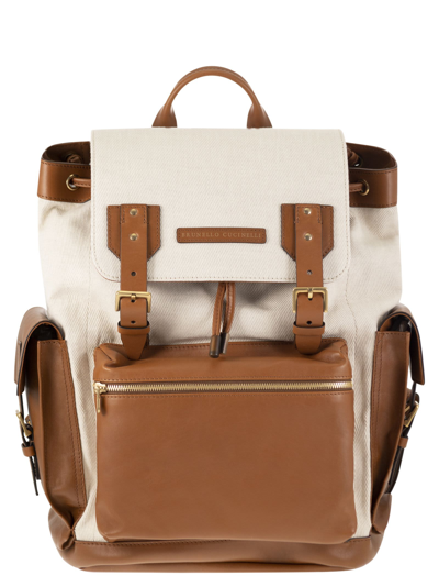 Brunello Cucinelli City Backpack In Leather And Fabric In White