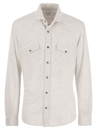 Brunello Cucinelli Linen And Cotton Blend Leisure Fit Shirt With Press Studs And Pockets In Pearl