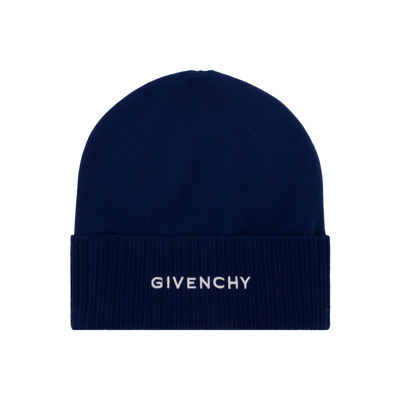 Givenchy Black Embroidered Logo Wool Beanie Hat In Blue
