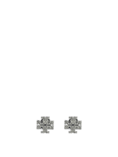Tory Burch Crystal Logo Earrings In Silver