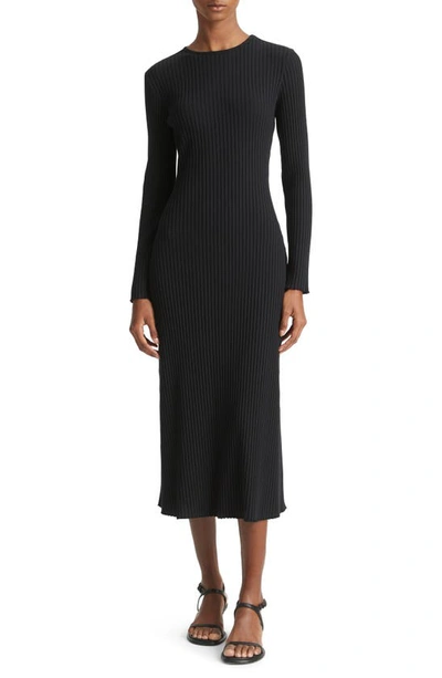 Vince Ribbed Long Sleeve Midi Dress In Black