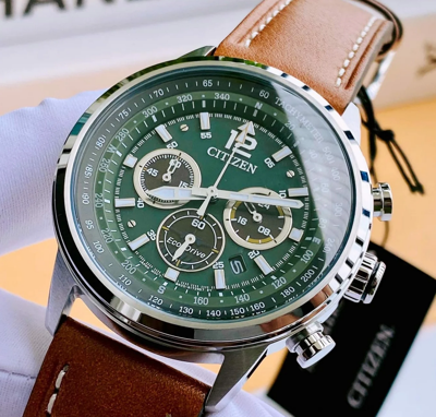 Pre-owned Citizen Green Dial Chronograph Eco-drive Avion Men's Watch Ca4477-08x