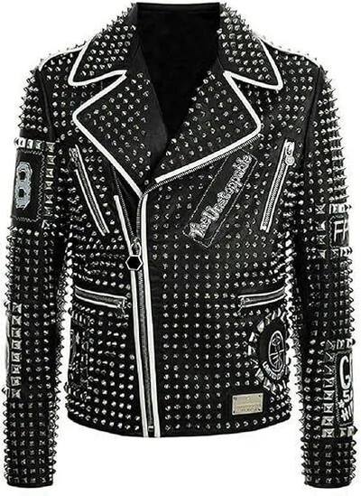 Pre-owned Black Diamond Men's  Studded Brando Retro Motorcycle Rock Punk Jacket