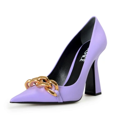 Pre-owned Versace Women's Purple Gold Chain High Heel Leather Pumps Shoes Us 9.5 It 39.5