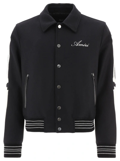Amiri Black Varsity Jacket With Logo Embroidery And Striped Trim In Wool Man