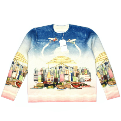 Pre-owned Casablanca $1.3k Casa Cafe Artwork Print Wool Cashmere Sweater Nwt In Multicolor
