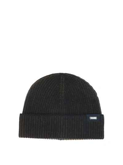 Herno Logo-plaque Ribbed Wool Beanie In Blue