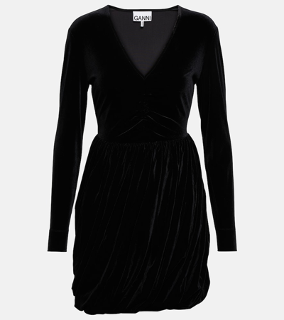 Ganni Ruched Velvet Mini Dress In Black