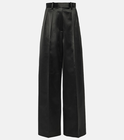 Khaite Teyana Pleated Satin Wide-leg Trousers In Black