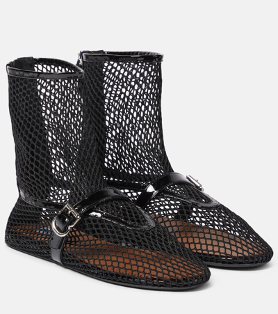 ALAÏA FISHNET LEATHER-TRIMMED ANKLE BOOTS