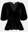 Ganni Velvet V-neck Short Sleeves Regenerated In Black