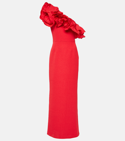 Rebecca Vallance Chiara One-shoulder Ruffle Crepe Column Gown In Red