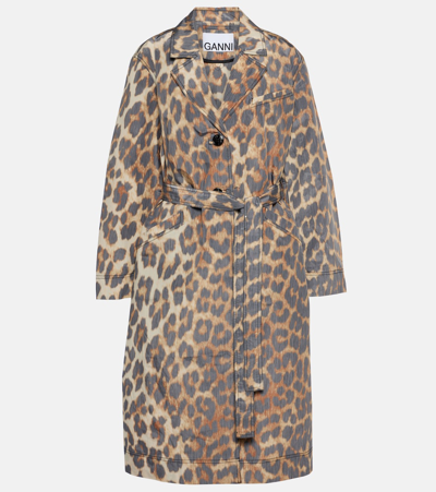 Ganni Trench Coat In Leopard Faille In Brown