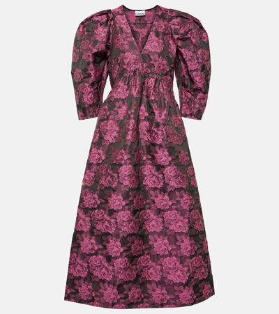 Ganni Botanical-jacquard Puff-sleeves Midi Dress In Pink